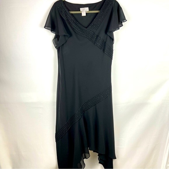 Vintage ADRIANNA PAPELL Black Chiffon Beaded Flutter Sleeve Dress - Picture 1 of 10
